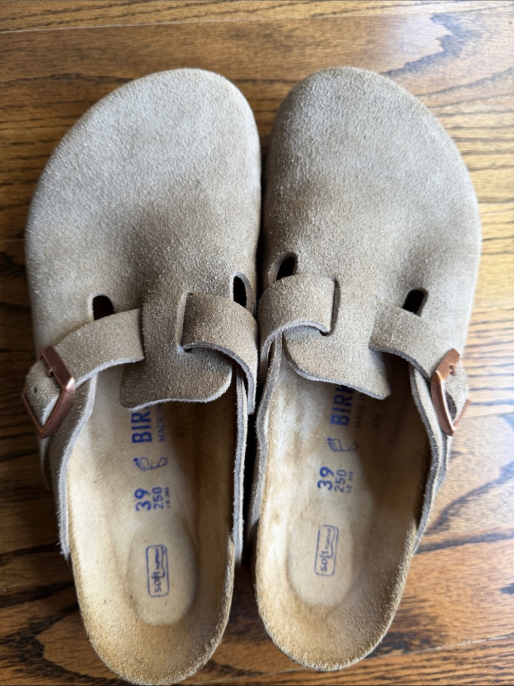 Birkenstock Suede Boston Clogs with Copper Buckles